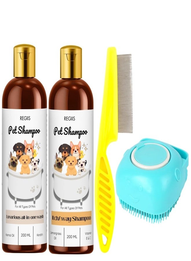 مجموعة شامبو الحيوانات الأليفة من ريجيس مع أدوات العناية، تركيبة متكاملة للغسل والتخلص من الحكة، زجاجات سعة 200 مل، تتضمن مشطًا للبراغيث وفرشاة سيليكون للكلاب والقطط (عبوة من 4 قطع) - Image 1